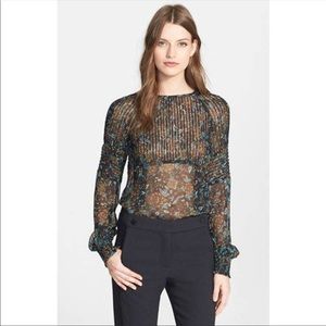 VERONICA BEARD Silk Tooley Pintuck Sheer Floral Long Sleeve Blouse